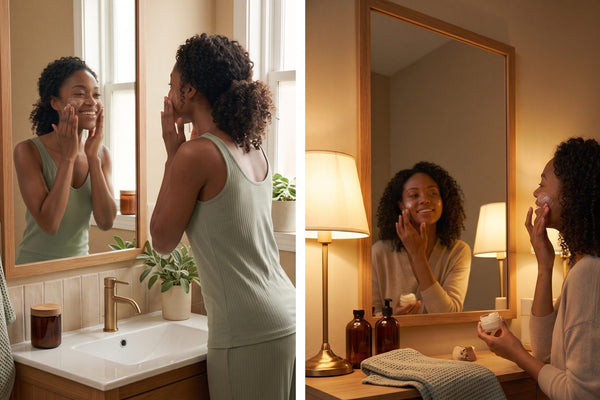 Woman applying her morning and night skincare routine for acne and dark spots at a bathroom mirror