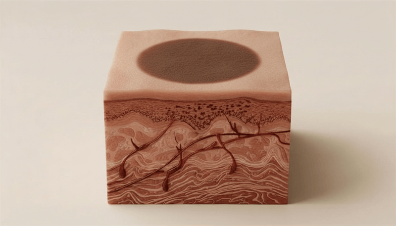 Cross-section model of skin showing where pigment sits in a dark mark left after acne