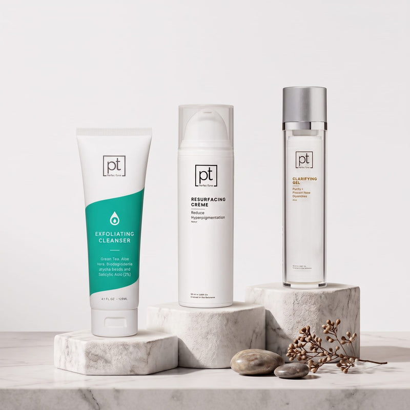 Perfec-Tone Exfoliating Cleanser, Resurfacing Crème and Clarifying Gel used to fade dark spots on legs