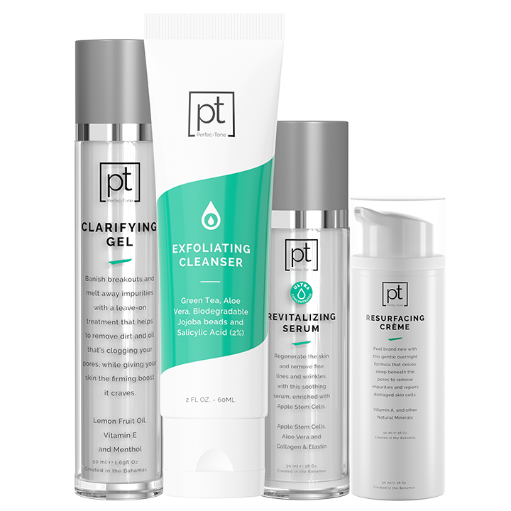 Perfec-Tone 4-step anti-aging skincare kit with cleanser, serum, moisturizer, and treatment, in sleek packaging.