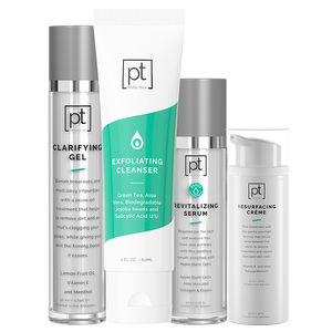 Perfec-Tone 4-step anti-aging skincare kit with cleanser, serum, moisturizer, and treatment, in sleek packaging.